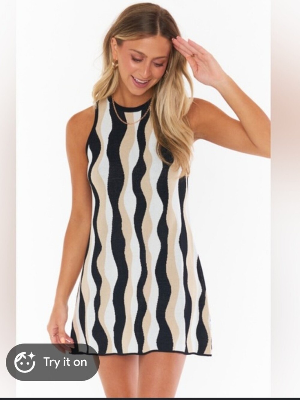 Show Me Your MuMu Sleeveless Wavy-Stripe Midi Dress in Black, White & Beige